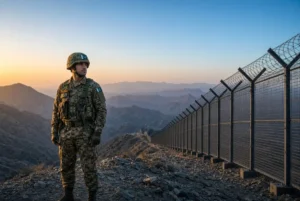 Pakistan Army soldier in camouflage uniform standing guard next to the border fence along the rugged Pak-Afghan border at sunset