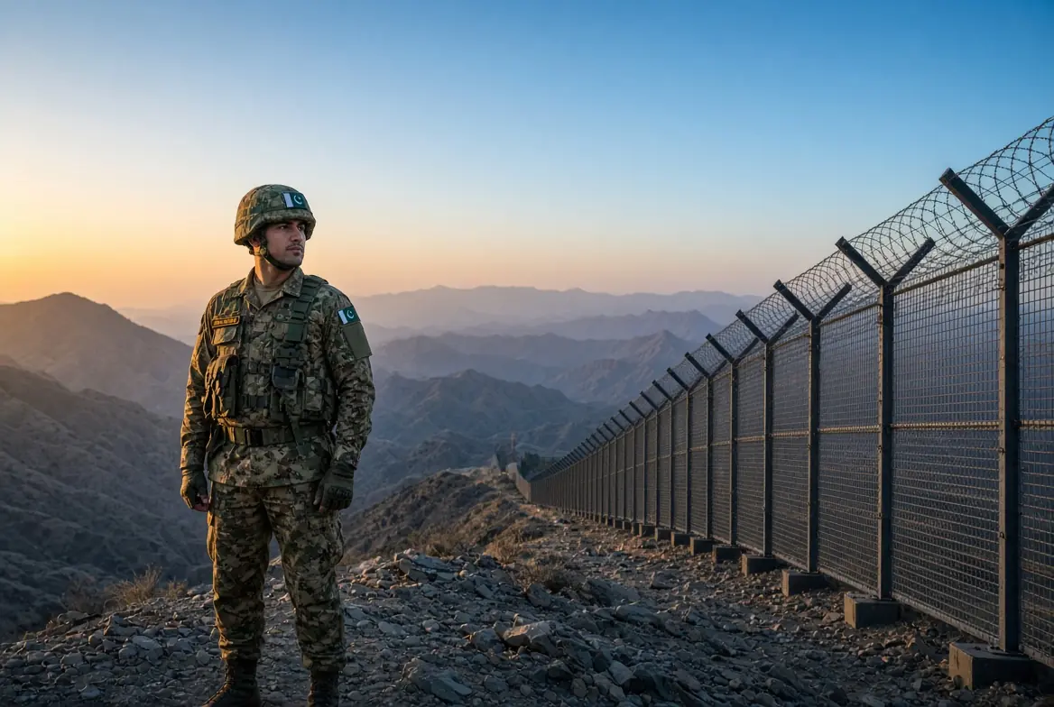 Pakistan Army soldier in camouflage uniform standing guard next to the border fence along the rugged Pak-Afghan border at sunset