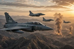 Pakistan Afghan Strikes showing Pakistani Air Force jets flying over mountainous border during precision response to Taliban drone attacks
