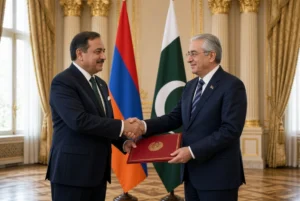 Pakistan Armenia Envoy Shafqat Ali Khan presenting credentials and shaking hands with Armenian President in Yerevan palace