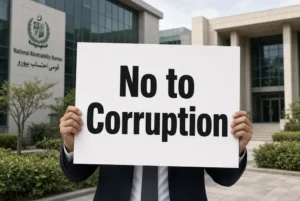 Person holding No to Corruption placard in front of National Accountability Bureau building related to Pakistan CPI ranking improvement