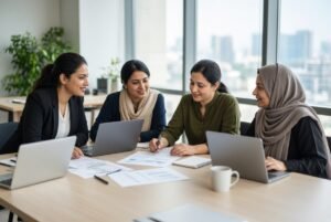 Professional Pakistani women collaborating in modern office representing Pakistan gender gap progress