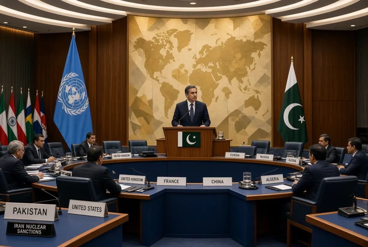 Pakistan Permanent Representative addresses UNSC chamber on Pakistan Iran sanctions with UN blue flag and Pakistan flag visible in high quality diplomatic setting