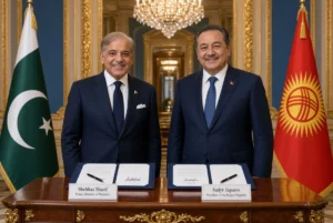 Prime Minister Shehbaz Sharif and Kyrgyz President Sadyr Japarov at signing ceremony to boost Pakistan Kyrgyzstan trade in Bishkek presidential palace