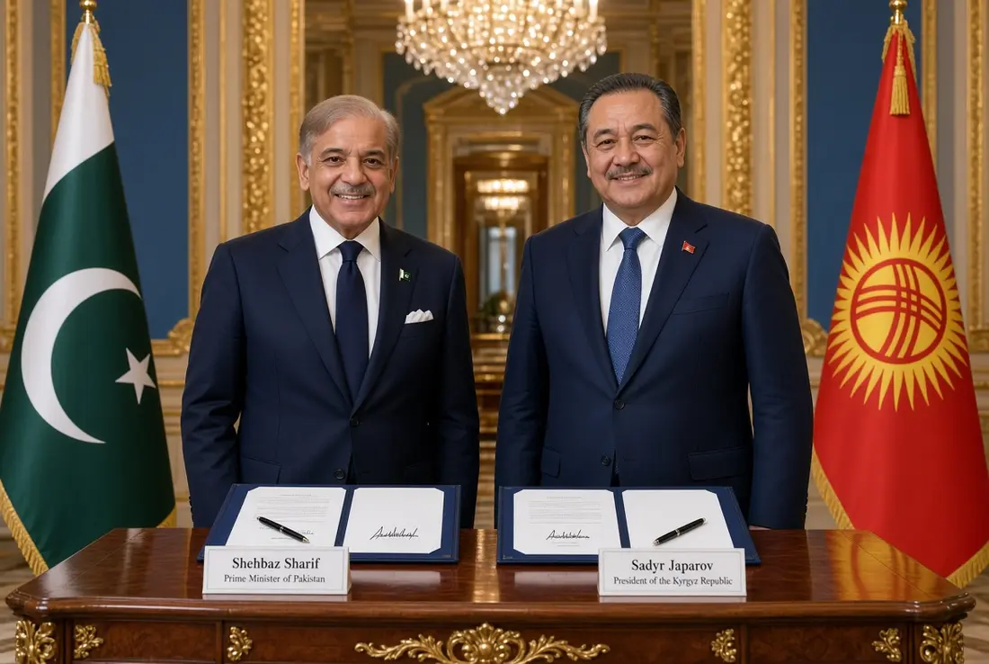 Prime Minister Shehbaz Sharif and Kyrgyz President Sadyr Japarov at signing ceremony to boost Pakistan Kyrgyzstan trade in Bishkek presidential palace