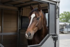 Majestic brown Pakistan Mirage horse standing at wooden stable entrance in Japan after safe arrival for Asian Games