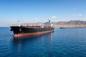 Large empty oil tanker floating in calm blue waters of the Red Sea near Saudi Arabian coastline related to Pakistan oil tanker warning