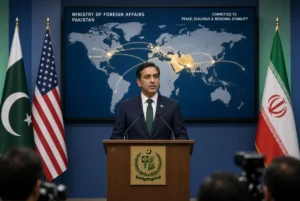 Foreign Office Spokesperson Tahir Andrabi speaking at podium during Pakistan peace efforts briefing on US-Iran escalation with world map and national flags