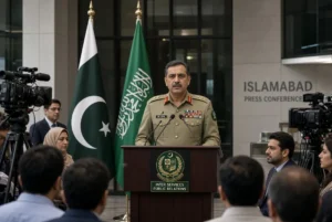 ISPR Director General speaking at press conference affirming Pakistan Saudi defence support with both nations flags