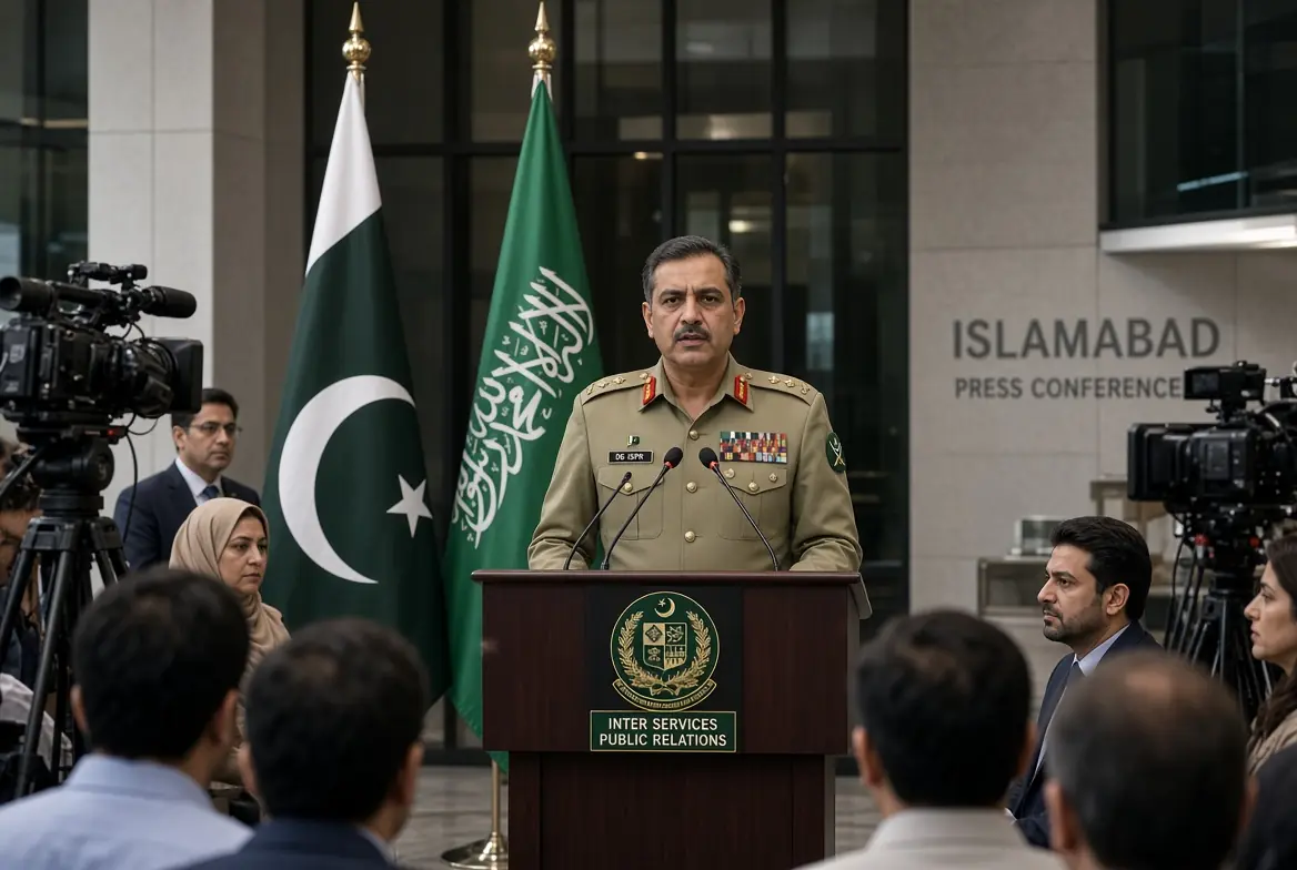 ISPR Director General speaking at press conference affirming Pakistan Saudi defence support with both nations flags