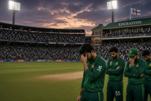 Disappointed Pakistan cricket players standing on the field at Edgbaston after Pakistan WTC points deduction for slow over-rate