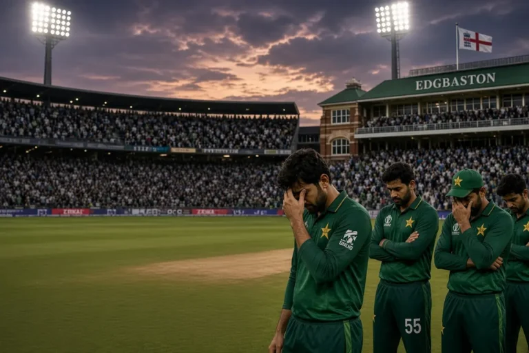 Disappointed Pakistan cricket players standing on the field at Edgbaston after Pakistan WTC points deduction for slow over-rate