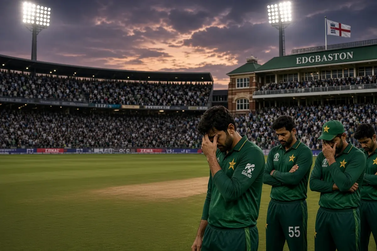 Disappointed Pakistan cricket players standing on the field at Edgbaston after Pakistan WTC points deduction for slow over-rate