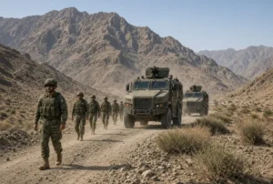 Pakistani security forces and armored vehicles on patrol in arid mountainous terrain during Panjgur terrorists killed operation in Balochistan