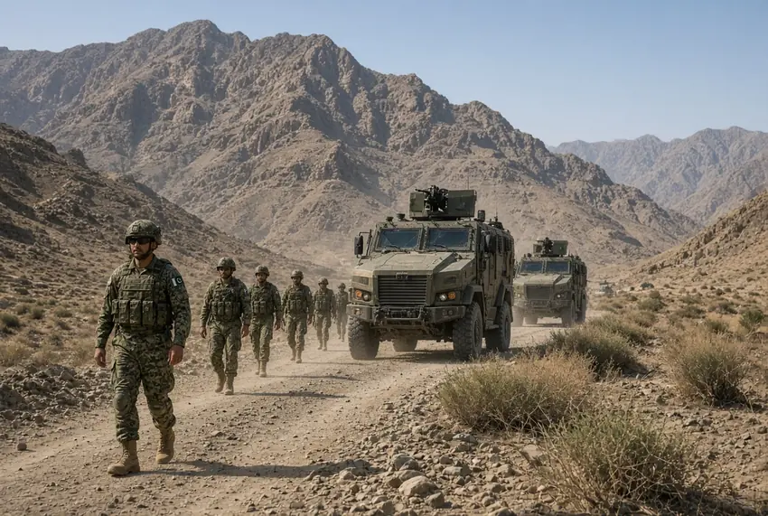 Pakistani security forces and armored vehicles on patrol in arid mountainous terrain during Panjgur terrorists killed operation in Balochistan