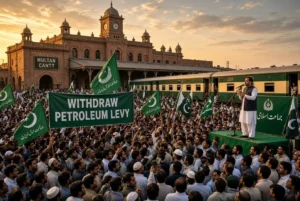 Large crowd of Jamaat-e-Islami supporters waving green flags and a banner reading Withdraw Petroleum Levy at Multan Cantt railway station during the train march, with a leader speaking on stage for petroleum levy talks
