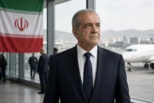Iranian President Masoud Pezeshkian standing determinedly at Mehrabad Airport with Iranian flag before Pezeshkian UN visit to New York for General Assembly