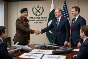 Pakistan Army Field Marshal shakes hands with Powerus executives during Powerus Pakistan MoU for advanced drone technology at General Headquarters Rawalpindi with aerial and maritime drone models on table