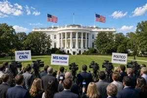 Journalists with cameras and solidarity signs stand outside the White House during press ban challenge against restricted media access