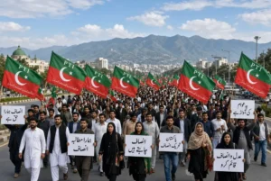 High-quality landscape image of PTI Islamabad march showing large crowd of supporters waving PTI flags and holding placards on a road towards Islamabad with mountains in background