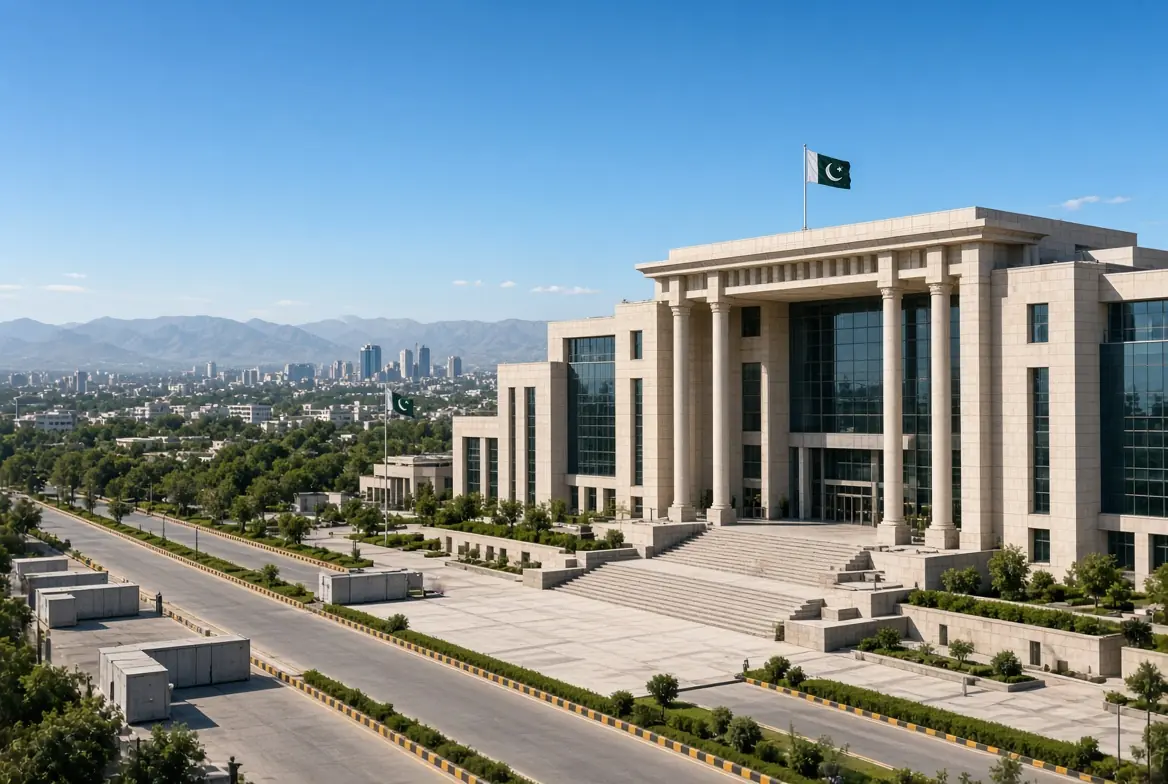 Islamabad High Court building with Pakistani flags and empty security containers on roads related to PTI Islamabad March court ruling