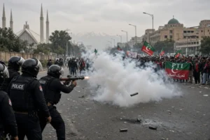 Police firing tear gas at PTI protesters in Islamabad during clash linked to PTI leaders passports blocking order