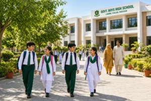 Happy school students in uniforms walking to a government school in Lahore Punjab as Punjab smart lockdown rumours are dismissed