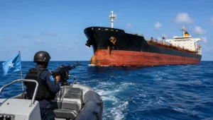 Security forces patrol near a hijacked oil tanker during the Puntland Tanker rescue operation off the coast of Somalia.