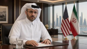 Qatari official in traditional attire seated at a formal desk with United States and Iran flags during Qatar US Iran mediation talks in Doha