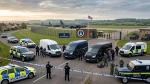 A wide-angle, high-resolution photo shows a dynamic counter-terrorism operation at the entrance of RAF Fairford, Gloucestershire. In the foreground, dozens of British police vehicles and armed officers are seen, including three stopped delivery vans. The main sign reads 'RAF Fairford' with the US Air Force seal. Two bomb disposal technicians and a small robotic EOD vehicle are inspecting the central blue van. Inside the airfield perimeter, multiple massive US Air Force B-52 Stratofortress bombers are lined up on the tarmac, seen against a stormy sky with lightning bolts.