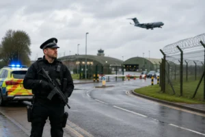 Armed police officer securing the area outside RAF Fairford airbase in Britain during an investigation into a suspected security threat near the military facility