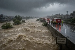 Heavy flooding in Nullah Lai during Rawalpindi heavy rain with Rescue 1122 teams and emergency vehicles on the bridge under dark stormy skies