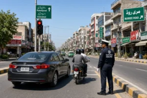 Traffic police officer monitoring cars and motorcycle on Murree Road during Rawalpindi reckless driving investigation scene