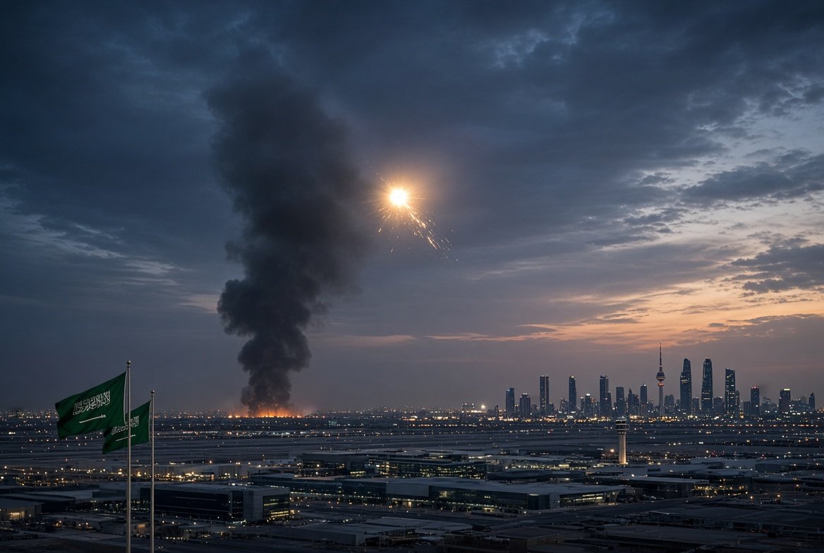 Thick black smoke rises near King Khalid International Airport in Riyadh as a bright flash marks the interception of a ballistic missile during Riyadh missile attack at dawn with Saudi flags and city skyline visible