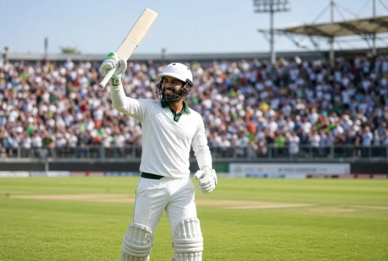 Mohammad Rizwan in Pakistan Test kit raises his bat and smiles while celebrating a half-century on the cricket field linked to Rizwan NCCIA plea news