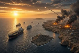Burning oil facilities and tankers in the Red Sea during Saudi oil crisis caused by Houthi attacks