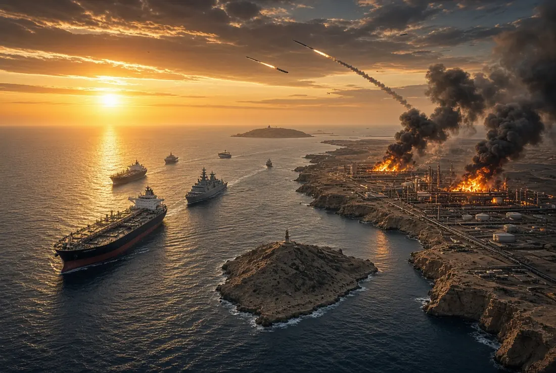 Burning oil facilities and tankers in the Red Sea during Saudi oil crisis caused by Houthi attacks