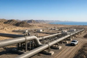 Saudi oil pipeline infrastructure stretching across desert terrain toward the Red Sea coastline after temporary shutdown following drone attack
