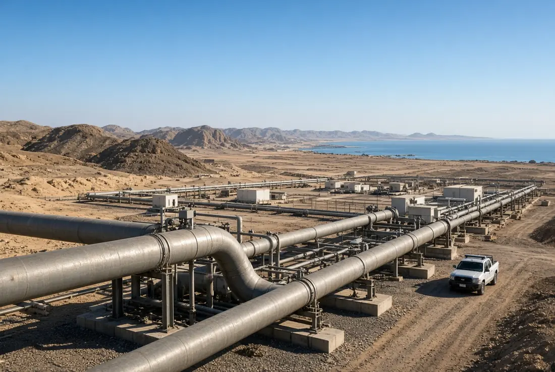 Saudi oil pipeline infrastructure stretching across desert terrain toward the Red Sea coastline after temporary shutdown following drone attack