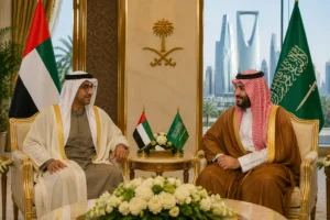 Saudi and UAE officials meeting during diplomatic talks as Riyadh invites Emirati Vice President amid signs of improving relations and regional cooperation