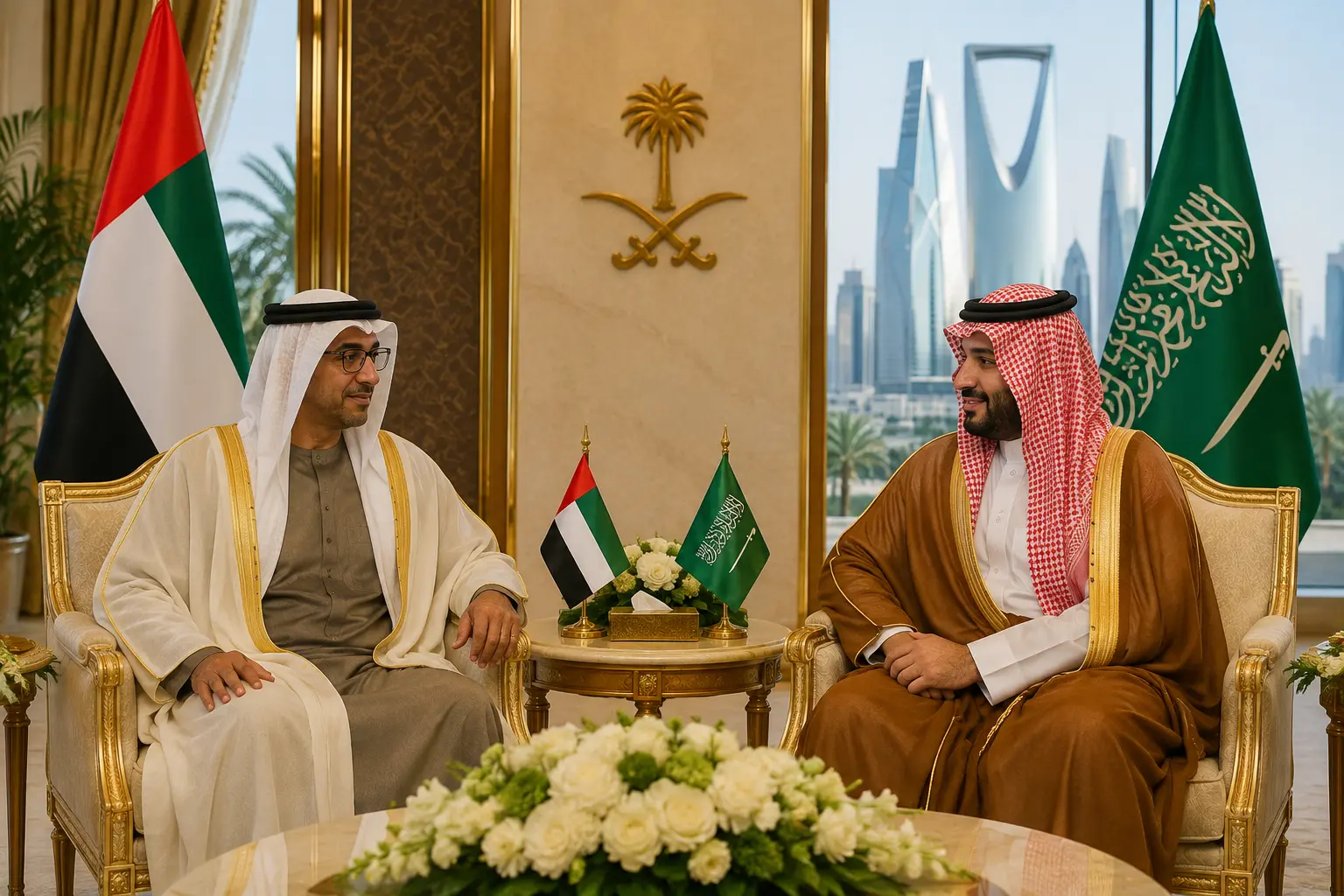 Saudi and UAE officials meeting during diplomatic talks as Riyadh invites Emirati Vice President amid signs of improving relations and regional cooperation