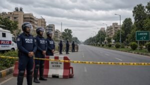 Punjab police officers in riot gear enforcing Section 144 Punjab ban on public gatherings with barriers and empty road in Lahore