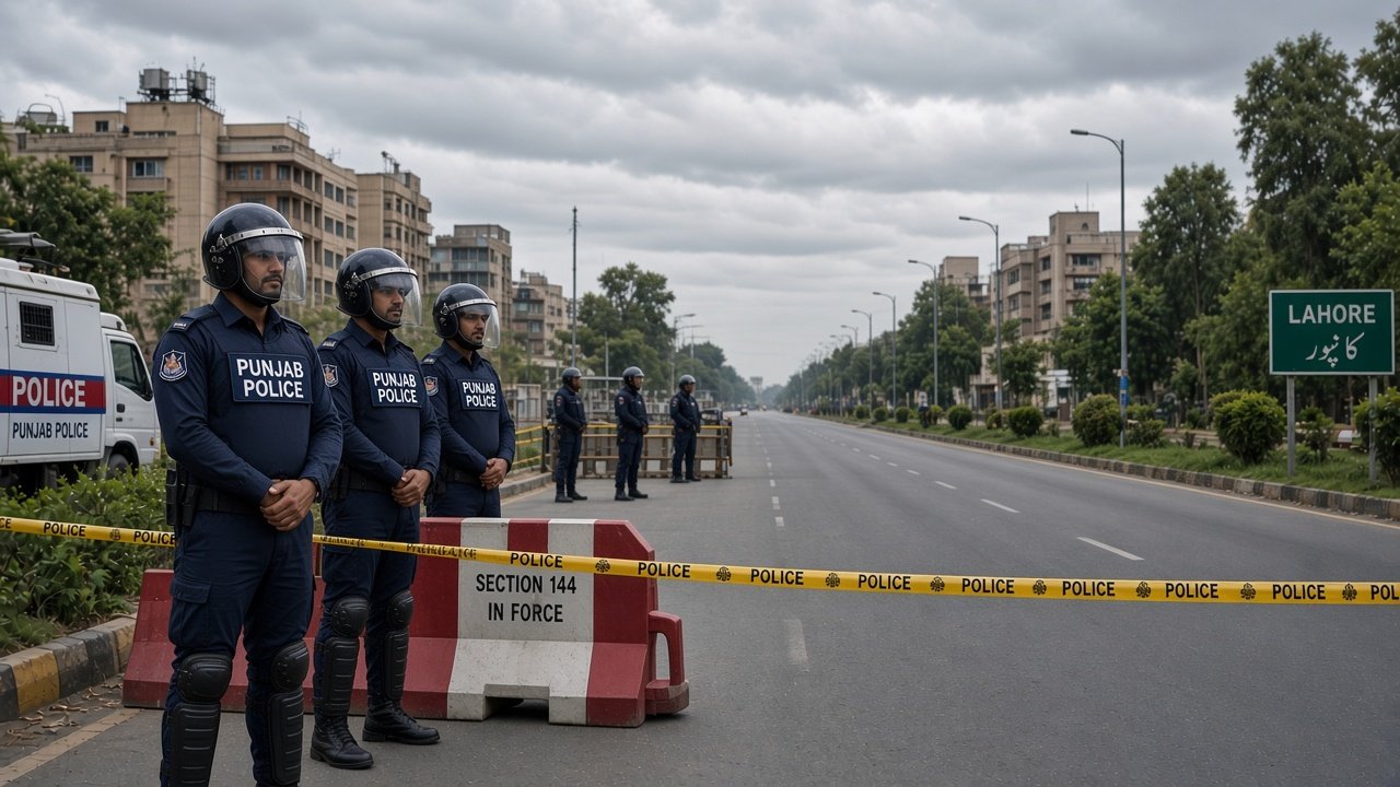 Punjab police officers in riot gear enforcing Section 144 Punjab ban on public gatherings with barriers and empty road in Lahore