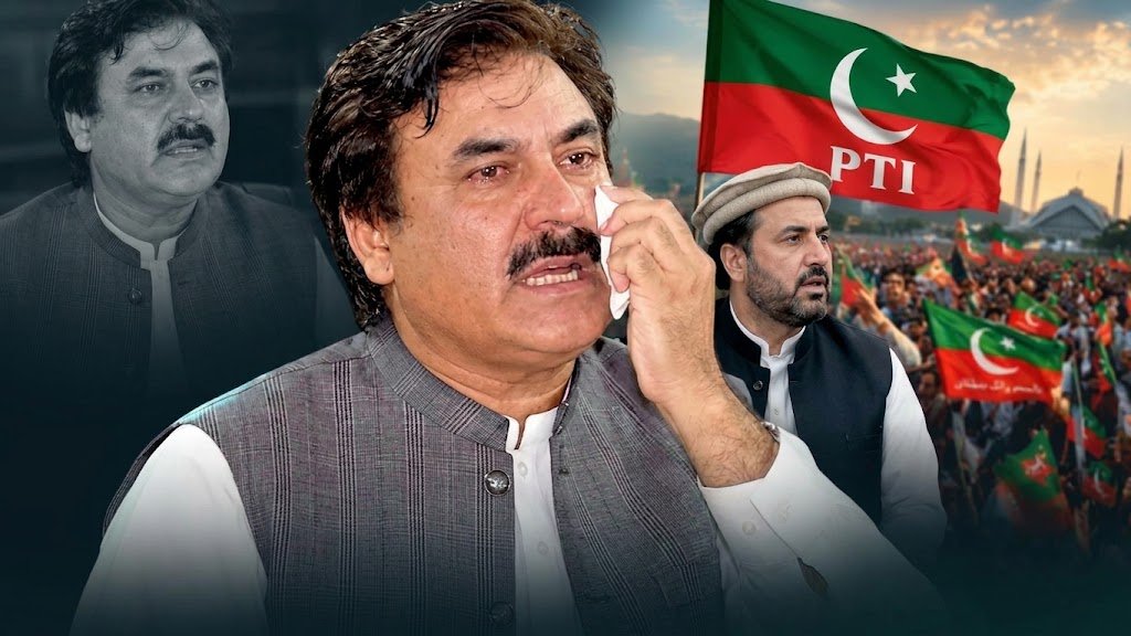 PTI leader Shaukat Yousafzai emotional during press conference regarding allegations alongside PTI flag and Islamabad Long March banner.
