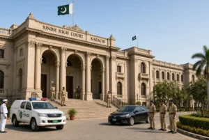 Sindh High Court building in Karachi with police officers providing SHC police protection for assaulted family in DHA