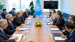 Shehbaz Sharif at a diplomatic meeting during the UNGA with Pakistani and international delegates