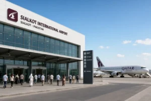 Passengers walking near Sialkot International Airport terminal with Qatar Airways plane on tarmac during Sialkot airport flight clarification