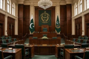 Formal interior of Sindh Assembly hall in Karachi related to Sindh division rejected resolution