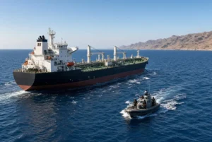 Large oil tanker escorted by maritime patrol boat after release by Somali pirates near the Gulf of Aden coast of Puntland