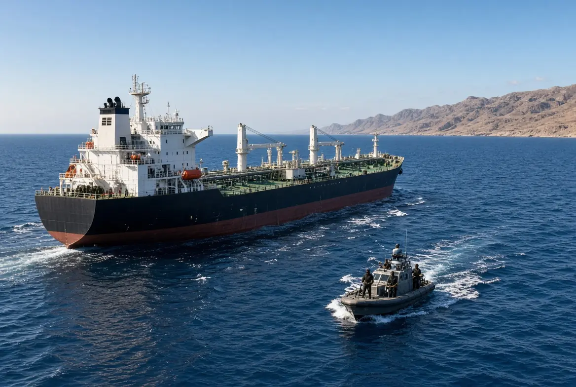 Large oil tanker escorted by maritime patrol boat after release by Somali pirates near the Gulf of Aden coast of Puntland